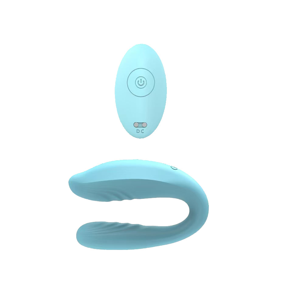 AquaCuddle light blue U-shaped wearable vibrator featuring magnetic steady technology and a dedicated wireless remote control