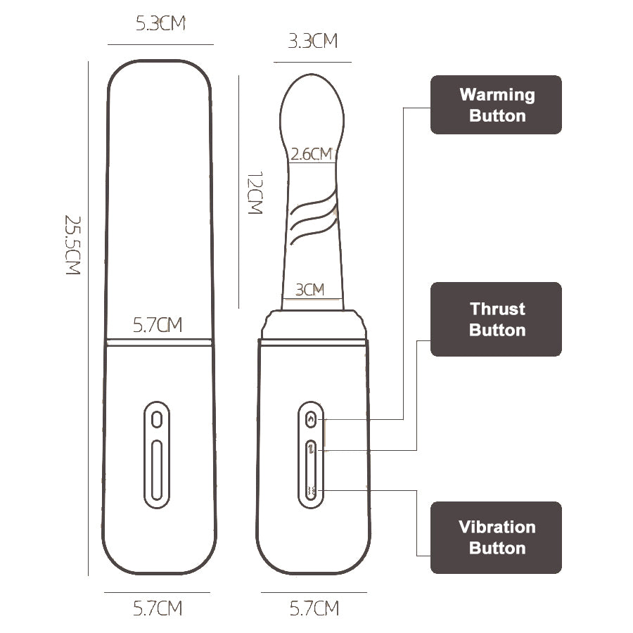 Technical specifications of WarmRider showing 25.5cm length and controls for warming, thrusting, and vibration